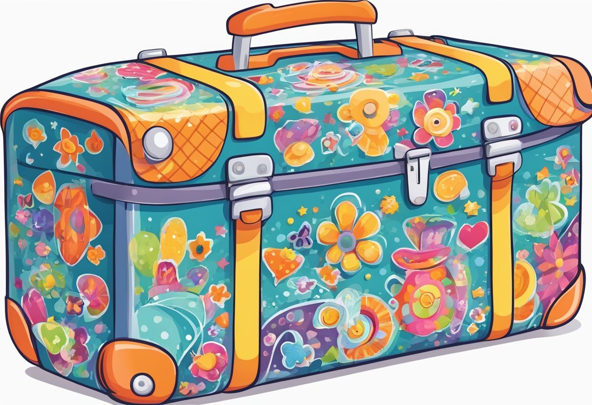 Ein bunter Kindersuitcase mit Rädern und einem Griff, geschmückt mit verspielten Designs und Aufklebern, steht bereit für die Reise.