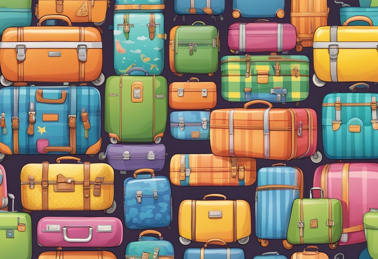 Ein buntes Sortiment an Kindersuitcases mit Rollen, ausgestattet mit verspielten Designs und lebhaften Mustern, bereit für ein spaßiges Reiseabenteuer