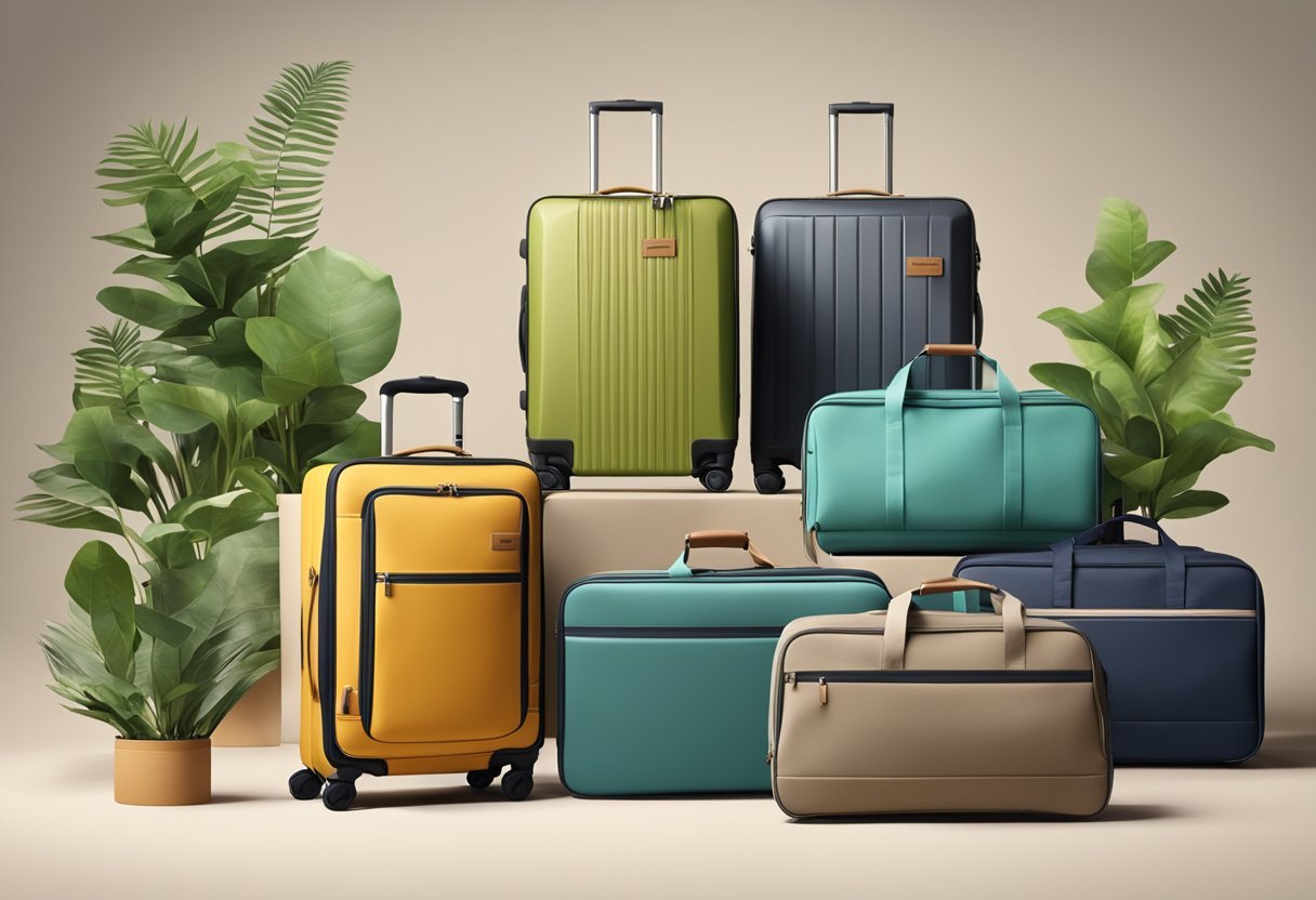 Eine Szene von umweltfreundlichen Koffern, die aus recycelten Materialien hergestellt sind und durch ihr Design und ihre Funktionalität Langlebigkeit und Nachhaltigkeit zeigen.
