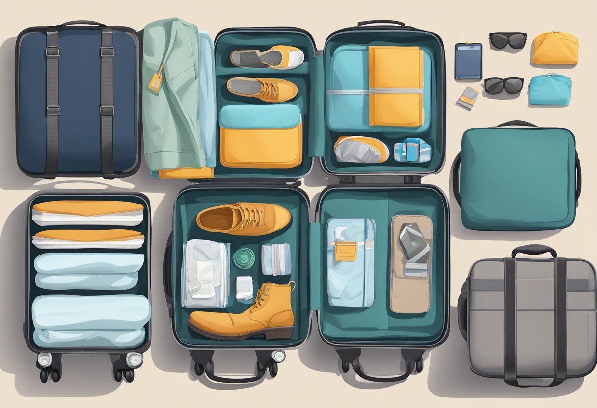 Ein ordentlich organisierter Koffer mit verschiedenen Packwürfeln und Reiseorganisatoren, der ein Gefühl von Ordnung und Effizienz für eine stressfreie Reise vermittelt.