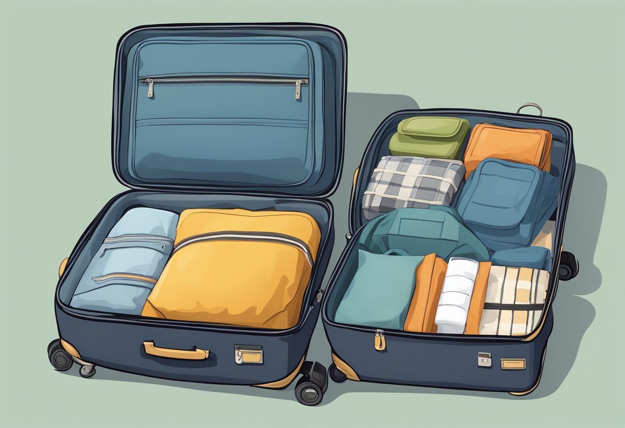 Ein ordentlich organisierter Koffer mit verschiedenen Packwürfeln und Reisetaschen, die darin angeordnet sind, bereit für eine Reise.