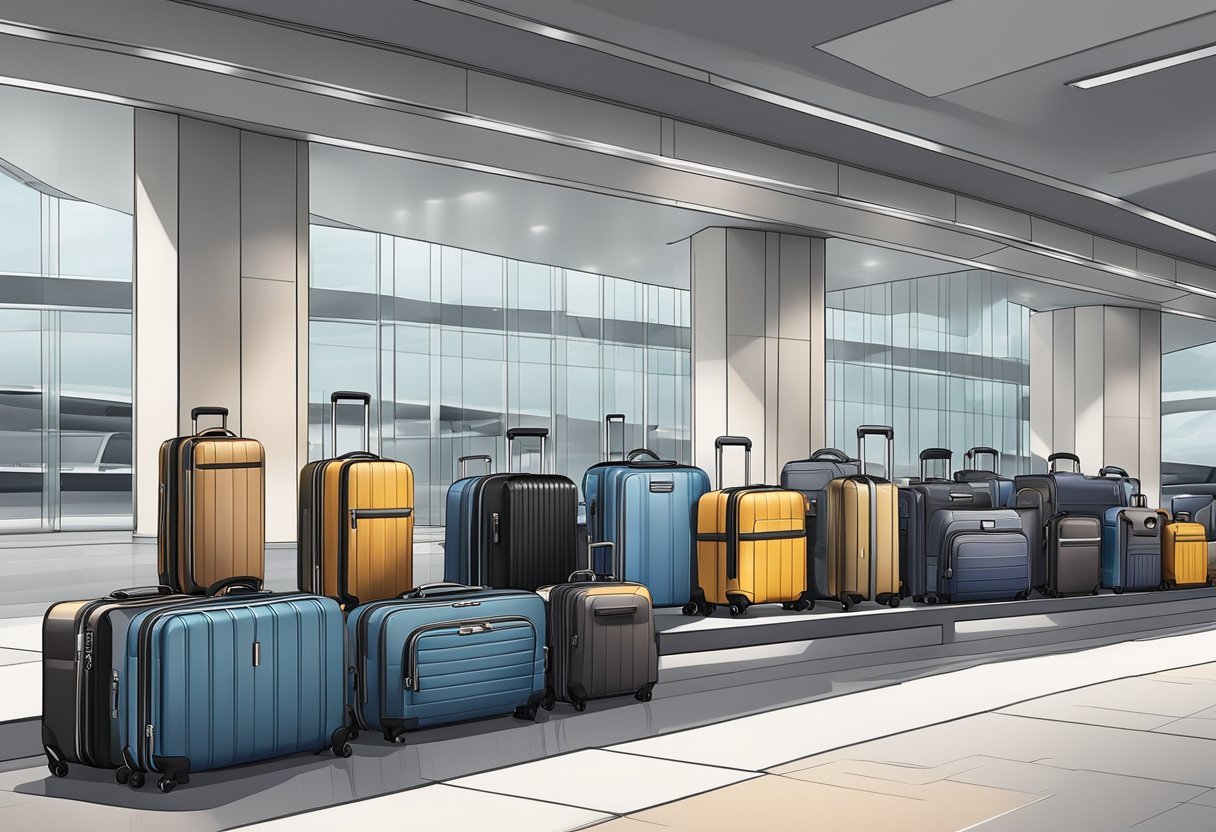 Ein eleganter, moderner Flughafen-Terminal mit Reihen von luxuriösen Koffern von Samsonite, Rimowa und Horizn Studios zur Schau. Der Fokus liegt auf der hochwertigen Verarbeitung und dem Design des Gepäcks.