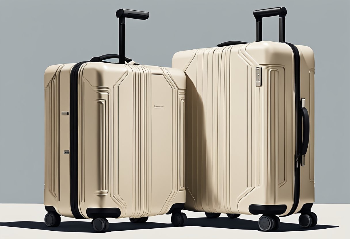 Zwei luxuriöse Koffer, ein Samsonite und ein Rimowa, stehen nebeneinander. Die Erfahrung eines Reisenden mit Horizn Studios wird auf einem dritten Koffer dargestellt.