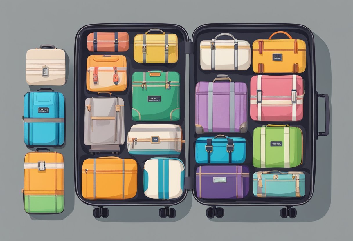 Bunte Packwürfel ordentlich in einem Koffer angeordnet, beschriftet für verschiedene Reisetypen. Eine Vielzahl von Größen und Designs, mit einem „Beste von 2025“-Abzeichen.
