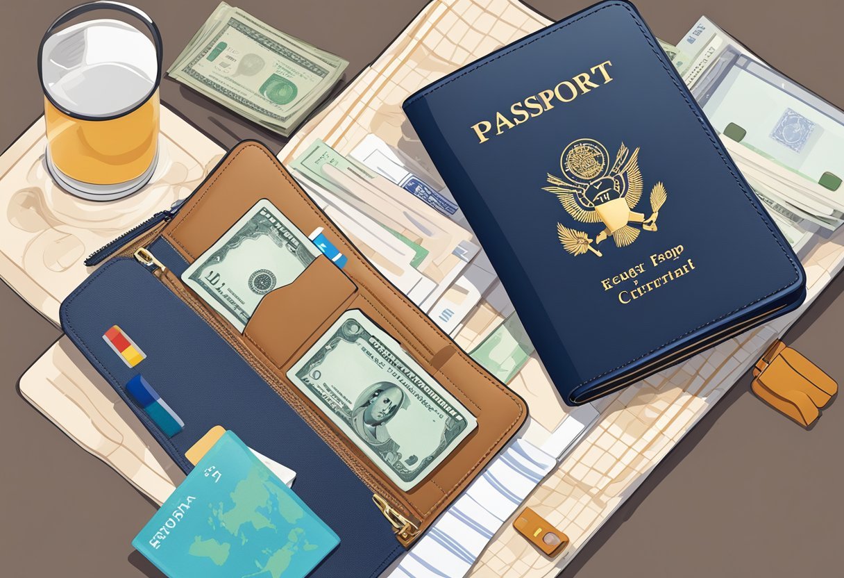 Eine Frauenhand, die in ein sicheres Reiseportemonnaie mit RFID-Schutz greift, umgeben von Reiseutensilien wie einem Reisepass, einer Bordkarte und ausländischer Währung.