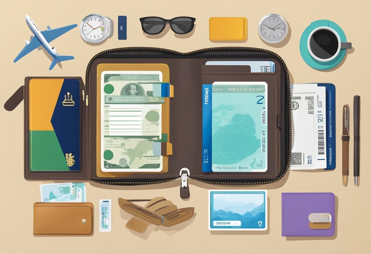 Eine Reisebrieftasche mit RFID-Schutz, entworfen für Frauen, umgeben von reiserelevanten Gegenständen wie Pässen, Bordkarten und ausländischer Währung.